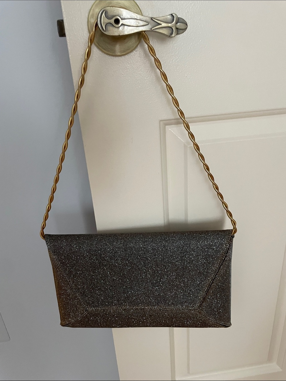 Stuart Weitzman Black Glitter Envelope Clutch with Gold Strap